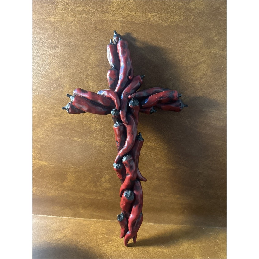 Red Hot Chile Pepper Cross Crucifix Wall Hanger Resin Southwestern Decor 8.5x15"